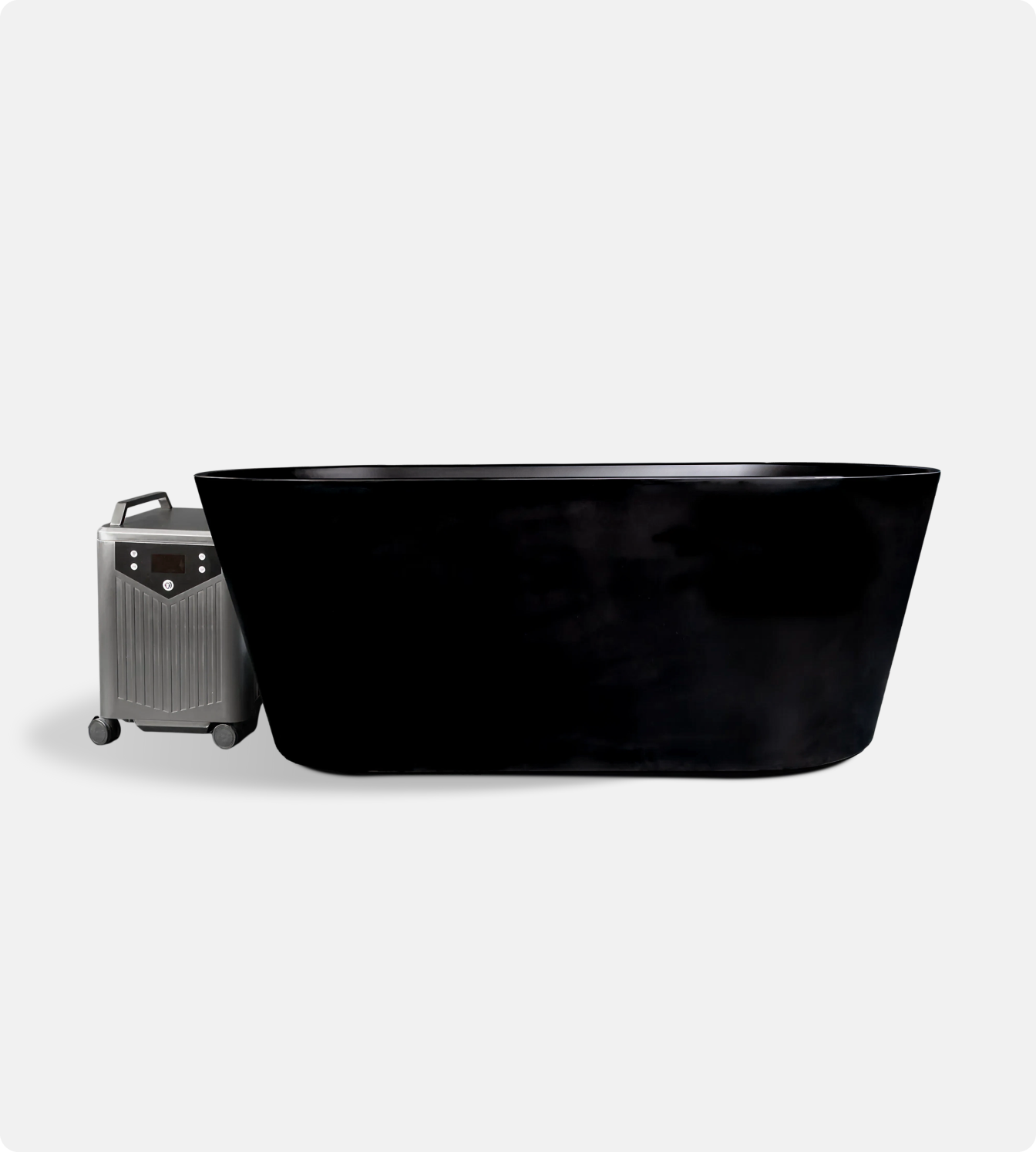 Polar Monkeys Brainpod 2.0 Cold Plunge in black beside portable chiller