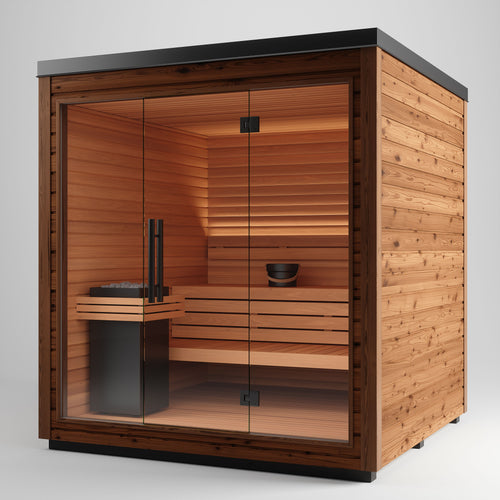 Auroom Aura Sauna Large — 4–6 person outdoor sauna cabin with HUUM heater and interior bench