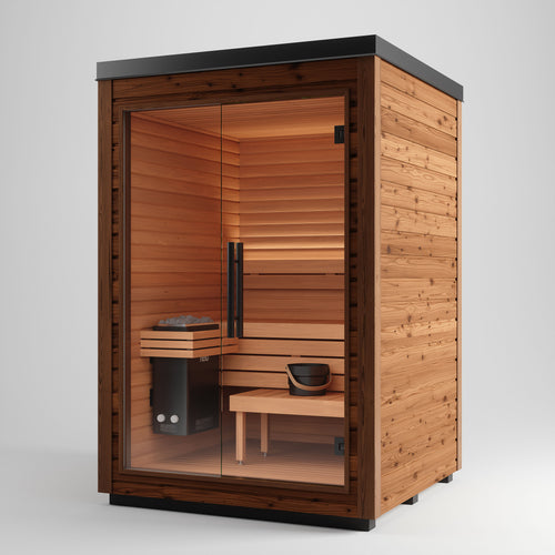 Auroom Aura Sauna — luxury outdoor sauna cabin with glass front doors and thermally modified wood