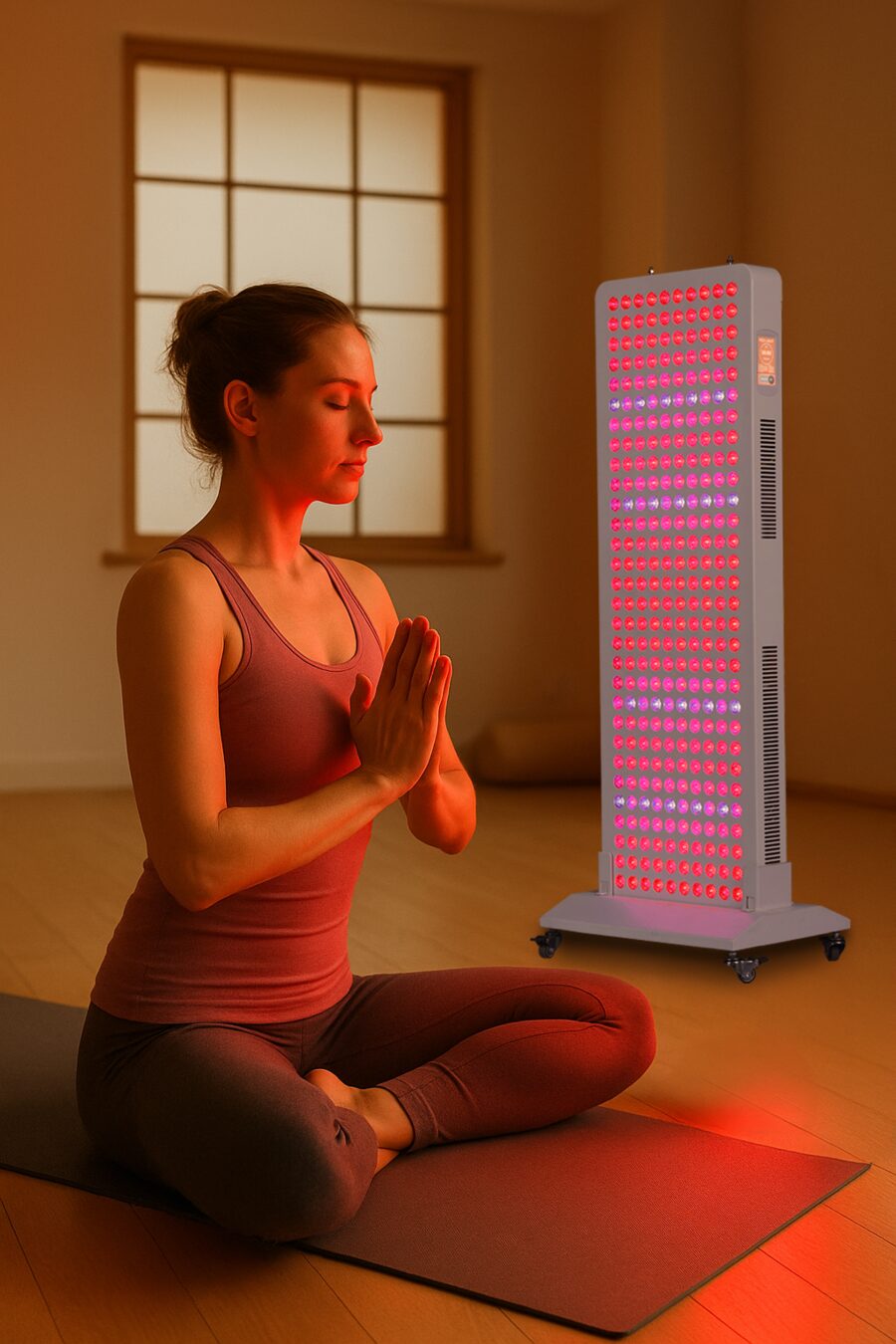 A home recovery room with a full-body red light panel